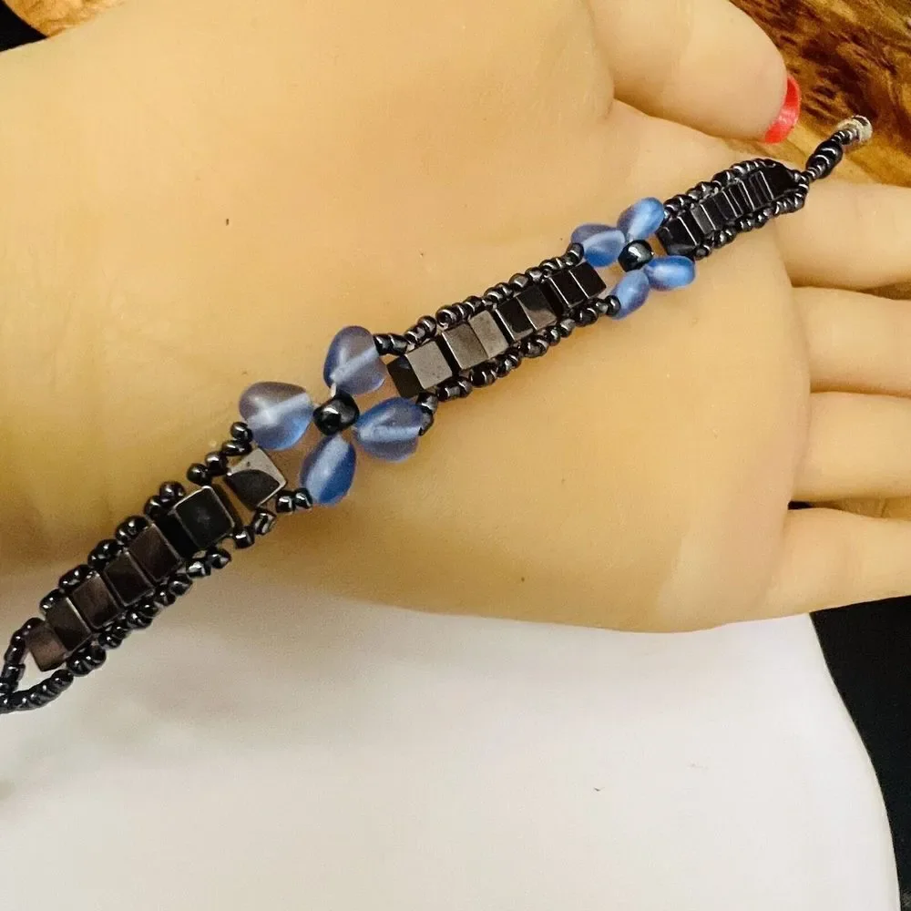 Hematite Sead Bead Bracelet Strand Silver Blue Tone Barrel Clasp 7.5